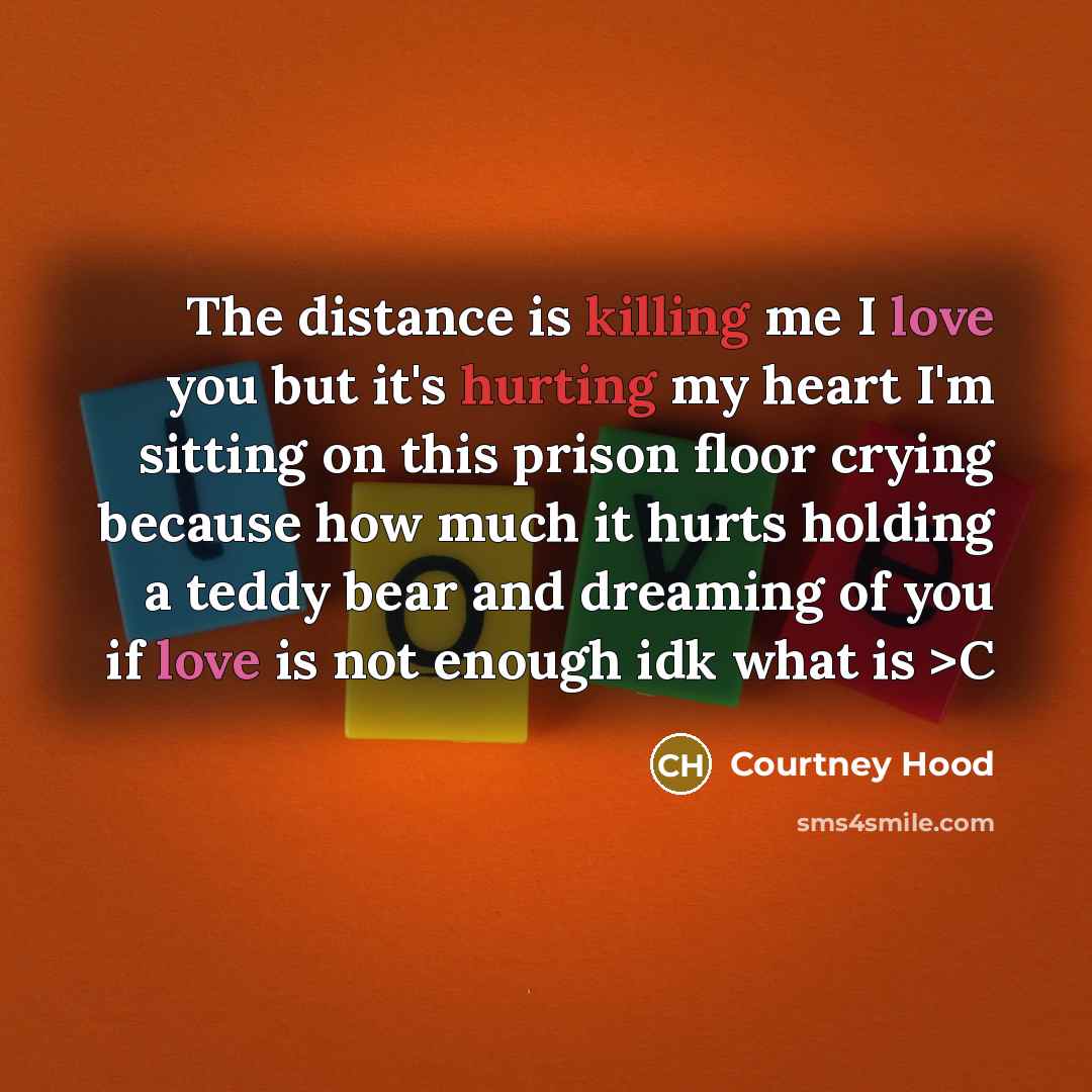 “The distance is killing me I love you but it's hurting my heart I'm sitting on this prison floor crying because how much it hurts holding a teddy bear and dreaming of you if love is not enough idk what is >C” quote by Courtney Hood