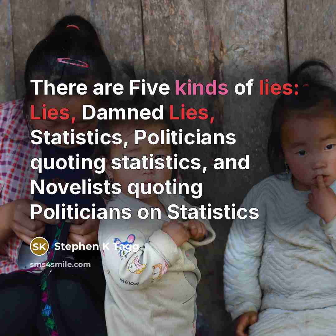 “There are Five kinds of lies: Lies, Damned Lies, Statistics, Politicians quoting statistics, and Novelists quoting Politicians on Statistics” quote by Stephen K Tagg