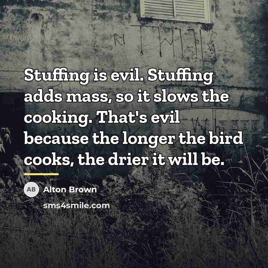 “Stuffing is evil. Stuffing adds mass, so it slows the…” quote by Alton Brown