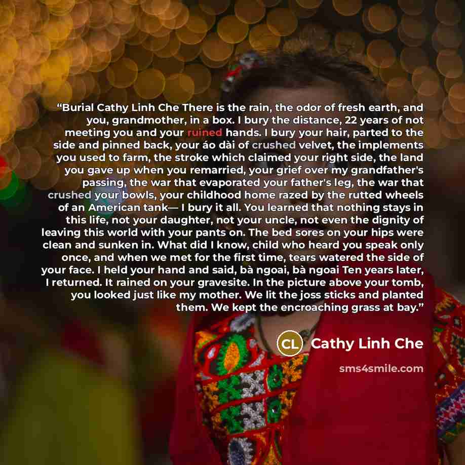 “Burial Cathy Linh Che There is the rain, the odor of fresh earth, and you, grandmother, in a box. I bury the distance, 22 years of not meeting you and your ruined hands. I bury your hair, parted to the side and pinned back, your áo dài of crushed velvet, the implements you used to farm, the stroke…” quote by Cathy Linh Che
