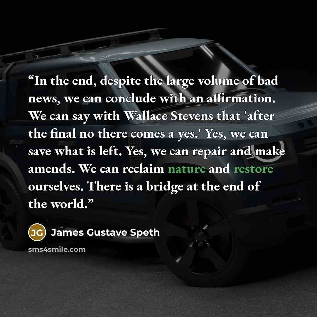 “In the end, despite the large volume of bad news, we can conclude with an affirmation. We can say with Wallace Stevens that 'after the final no there comes a yes.' Yes, we can save what is left. Yes, we can repair and make amends. We can reclaim nature and restore ourselves. There is a bridge at…” quote by James Gustave Speth