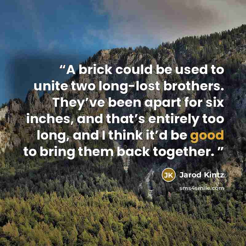 “A brick could be used to unite two long-lost brothers. They’ve been apart for six inches, and that’s entirely too long, and I think it’d be good to bring them back together.” quote by Jarod Kintz