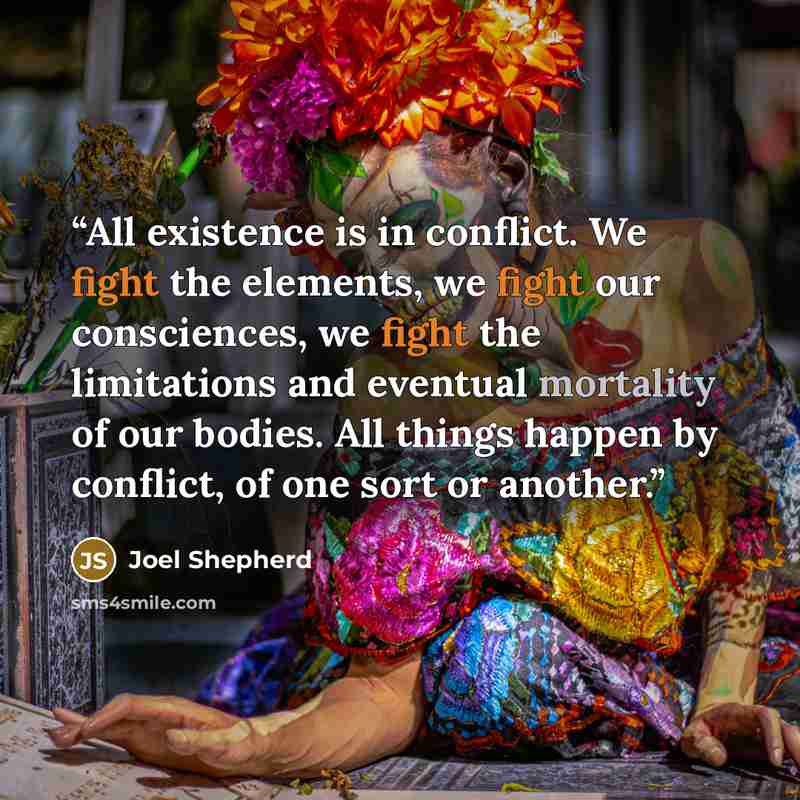 “All existence is in conflict. We fight the elements, we fight our consciences, we fight the limitations and eventual mortality of our bodies. All things happen by conflict, of one sort or another.” quote by Joel Shepherd