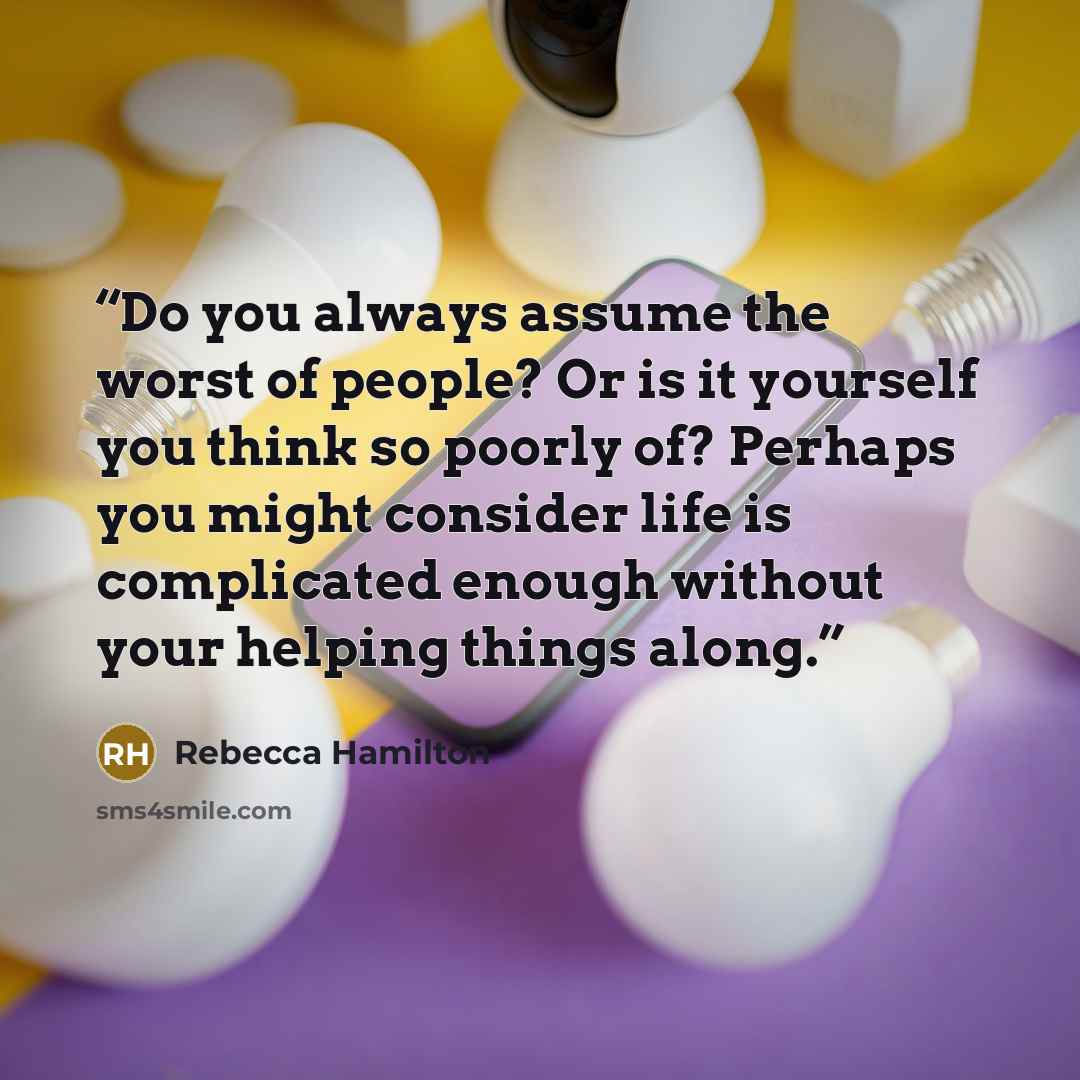 “Do you always assume the worst of people? Or is it yourself you think so poorly of? Perhaps you might consider life is complicated enough without your helping things along.” quote by Rebecca Hamilton