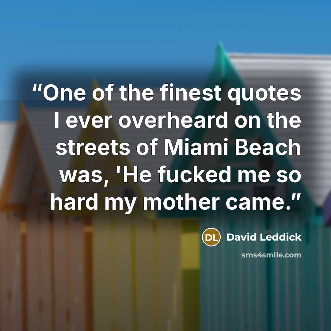 “One of the finest quotes I ever overheard on the streets of Miami Beach was, 'He fucked me so hard my mother came.” quote by David Leddick