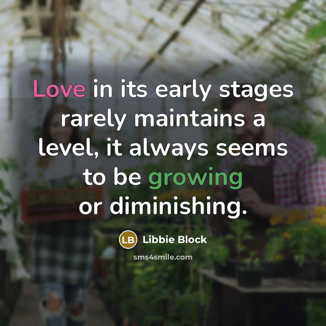 “Love in its early stages rarely maintains a level, it always seems to be growing or diminishing.” quote by Libbie Block