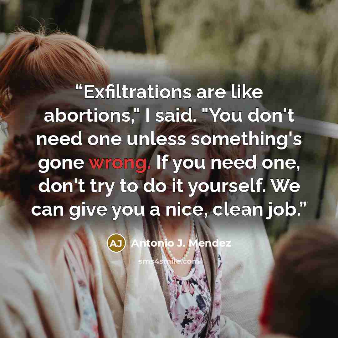 “Exfiltrations are like abortions," I said. "You don't need one unless something's gone wrong. If you need one, don't try to do it yourself. We can give you a nice, clean job.” quote by Antonio J. Mendez