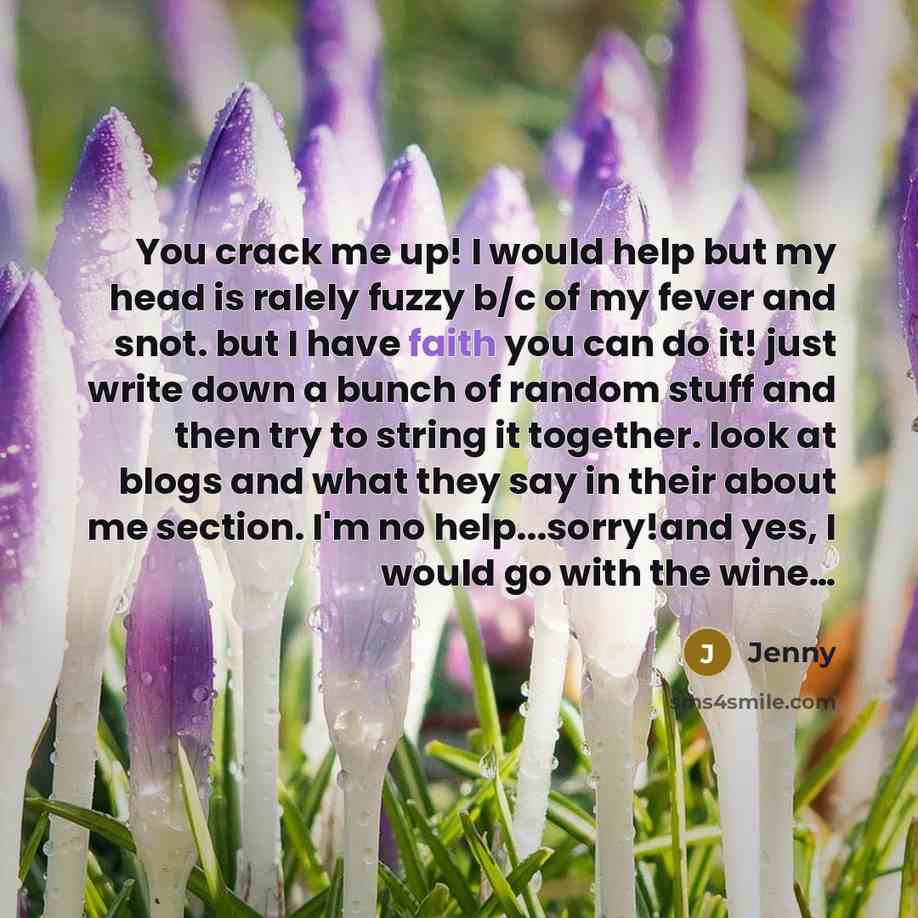 “You crack me up! I would help but my head is ralely fuzzy b/c of my fever and snot. but I have faith you can do it! just write down a bunch of random stuff and then try to string it together. look at blogs and what they say in their about me section. I'm no help...sorry!and yes, I would go with…” quote by Jenny