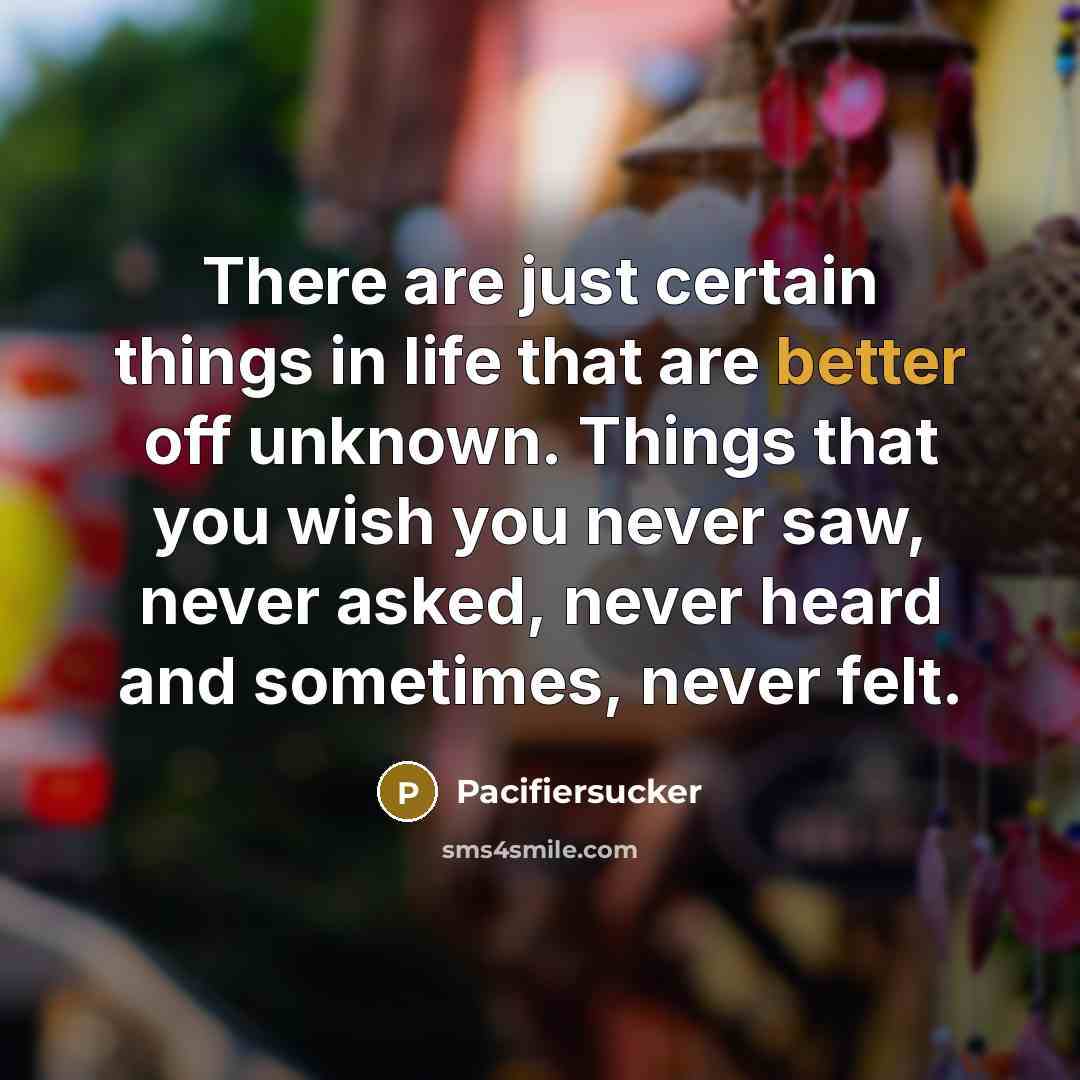 “There are just certain things in life that are better off unknown. Things that you wish you never saw, never asked, never heard and sometimes, never felt.” quote by Pacifiersucker