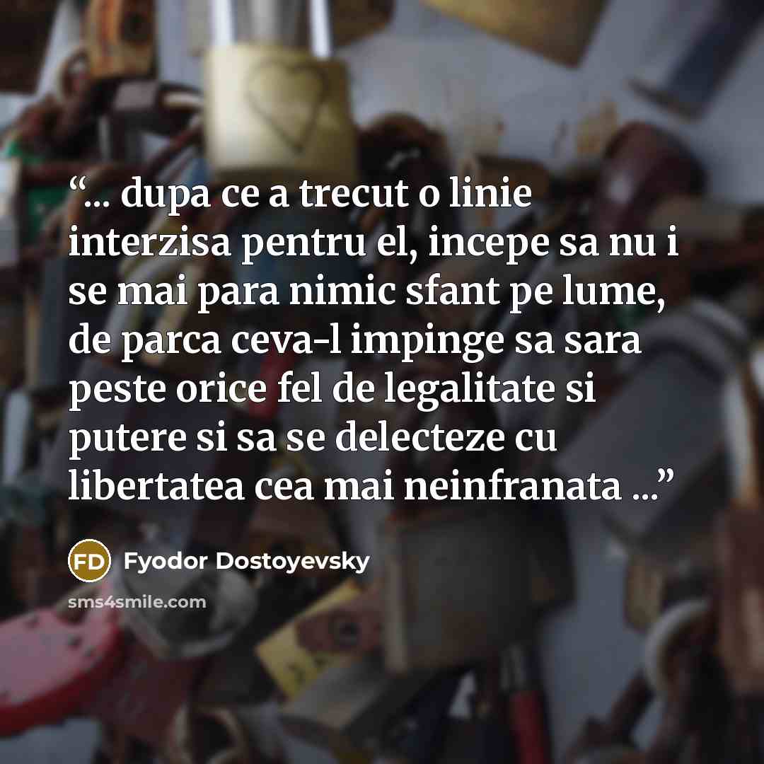“... dupa ce a trecut o linie interzisa pentru el, incepe sa nu i se mai para nimic sfant pe lume, de parca ceva-l impinge sa sara peste orice fel de legalitate si putere si sa se delecteze cu libertatea cea mai neinfranata ...” quote by Fyodor Dostoyevsky