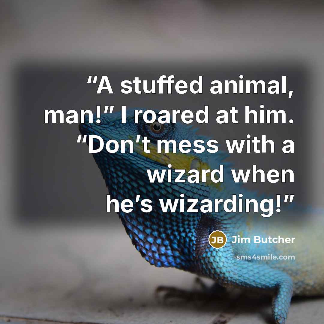 “A stuffed animal, man!” I roared at him. “Don’t mess with a wizard when he’s wizarding!” quote by Jim Butcher
