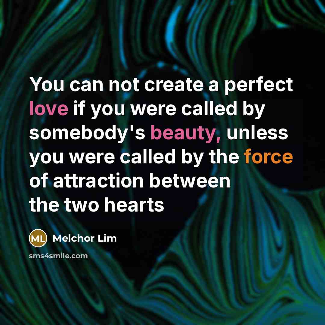 “You can not create a perfect love if you were called by somebody's beauty, unless you were called by the force of attraction between the two hearts” quote by Melchor Lim