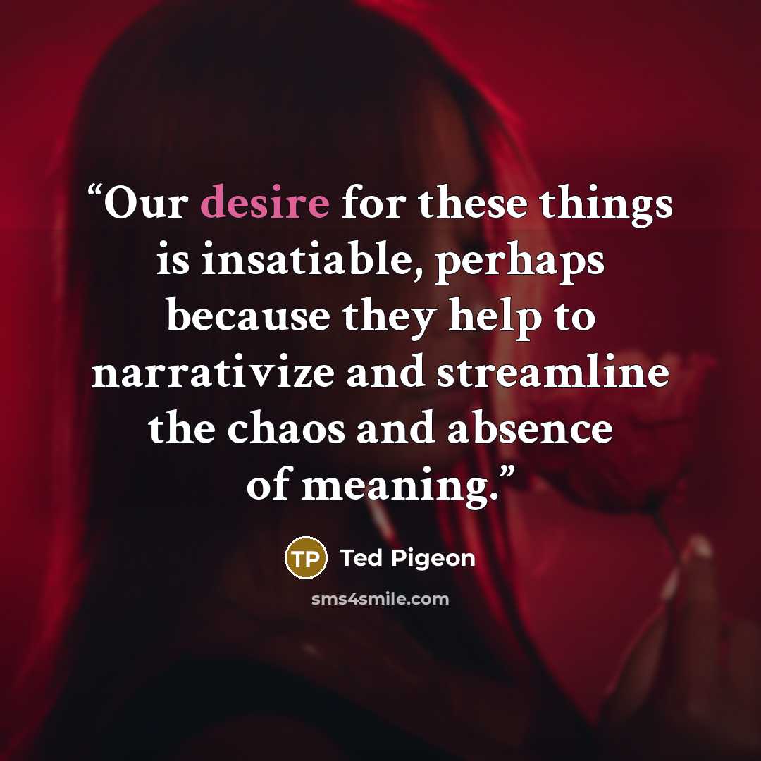 “Our desire for these things is insatiable, perhaps because they help to narrativize and streamline the chaos and absence of meaning.” quote by Ted Pigeon