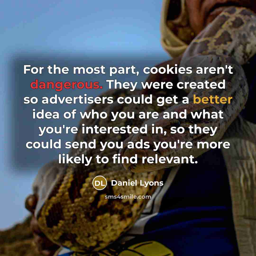“For the most part, cookies aren't dangerous. They were created so advertisers could get a better idea of who you are and what you're interested in, so they could send you ads you're more likely to find relevant.” quote by Daniel Lyons