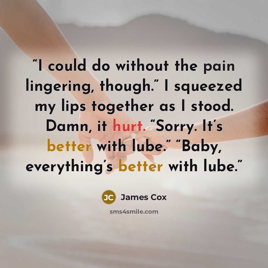 “I could do without the pain lingering, though.” I squeezed my lips together as I stood. Damn, it hurt. “Sorry. It’s better with lube.” “Baby, everything’s better with lube.” quote by James Cox