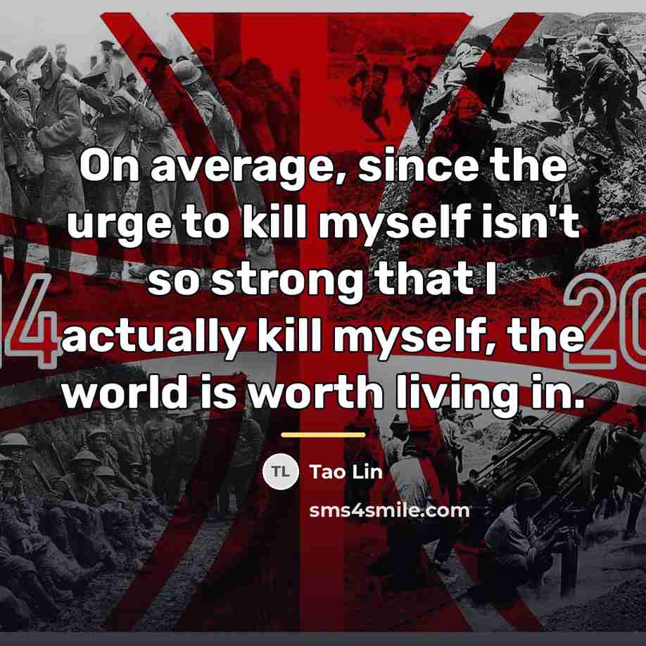 “On average, since the urge to kill myself isn't so…” quote by Tao Lin