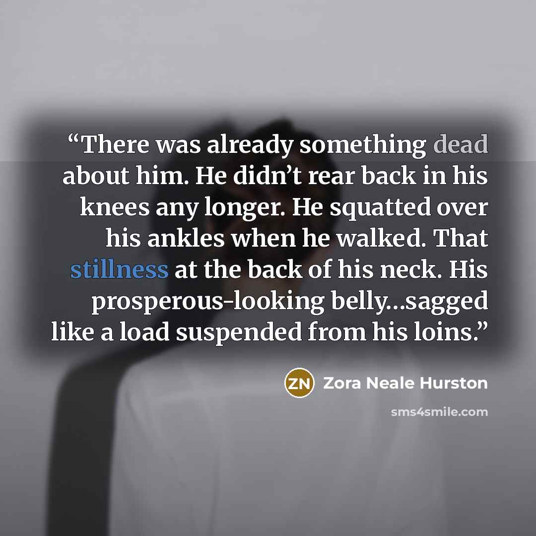 “There was already something dead about him. He didn’t rear back in his knees any longer. He squatted over his ankles when he walked. That stillness at the back of his neck. His prosperous-looking belly…sagged like a load suspended from his loins.” quote by Zora Neale Hurston