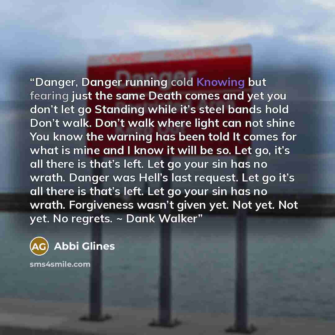 “Danger, Danger running cold Knowing but fearing just the same Death comes and yet you don’t let go Standing while it’s steel bands hold Don’t walk. Don’t walk where light can not shine You know the warning has been told It comes for what is mine and I know it will be so. Let go, it’s all there is…” quote by Abbi Glines