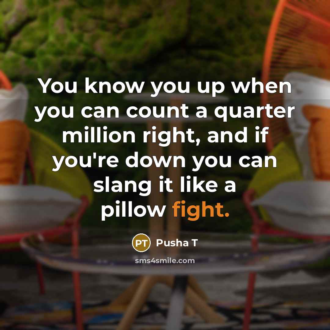 “You know you up when you can count a quarter million right, and if you're down you can slang it like a pillow fight.” quote by Pusha T
