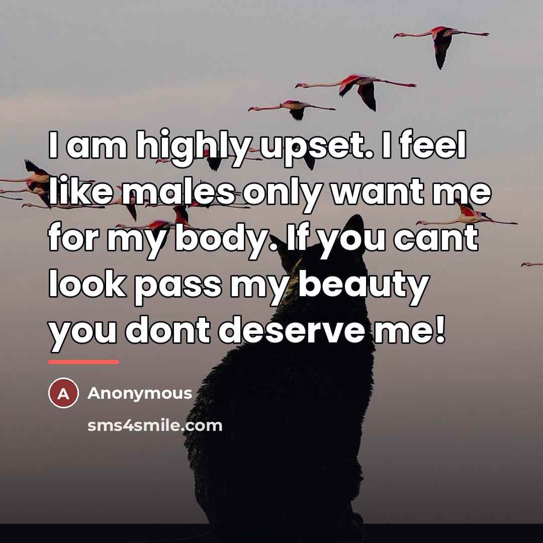 “I am highly upset. I feel like males only want me for my body. If you cant look pass my beauty you dont deserve me!” quote by Anonymous