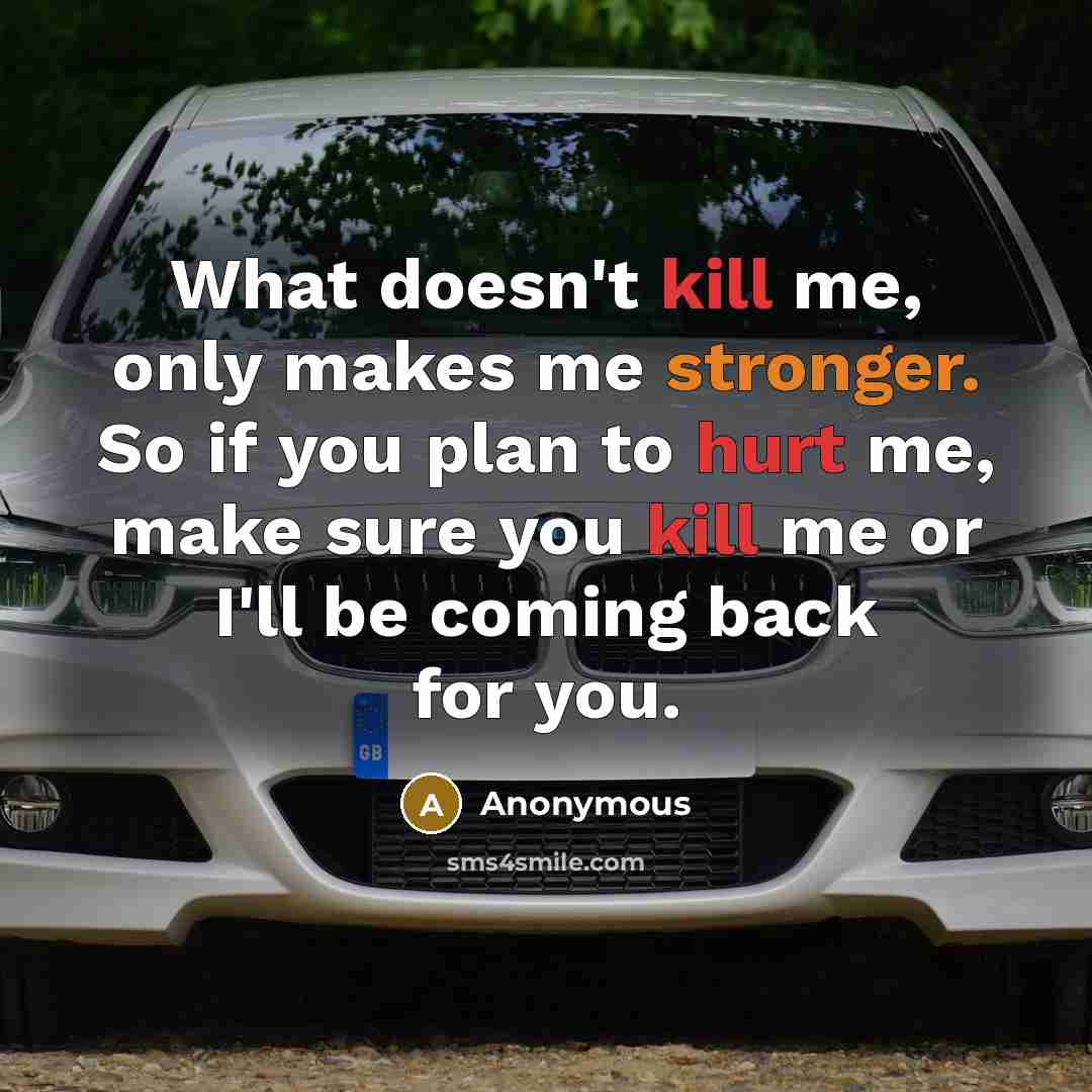 “What doesn't kill me, only makes me stronger. So if you plan to hurt me, make sure you kill me or I'll be coming back for you.” quote by Anonymous