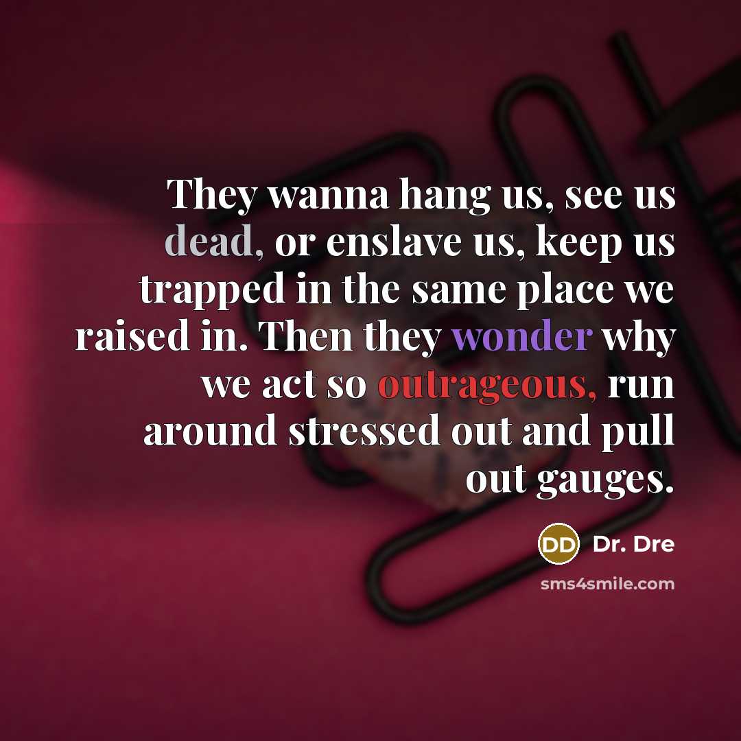 “They wanna hang us, see us dead, or enslave us, keep us trapped in the same place we raised in. Then they wonder why we act so outrageous, run around stressed out and pull out gauges.” quote by Dr. Dre