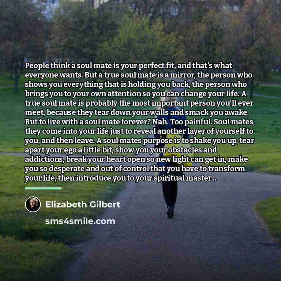 “People think a soul mate is your perfect fit, and…” quote by Elizabeth Gilbert
