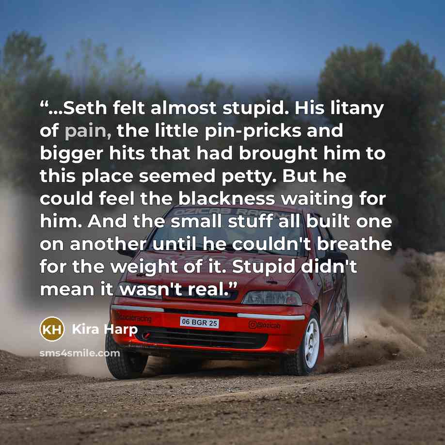 “...Seth felt almost stupid. His litany of pain, the little pin-pricks and bigger hits that had brought him to this place seemed petty. But he could feel the blackness waiting for him. And the small stuff all built one on another until he couldn't breathe for the weight of it. Stupid didn't mean it…” quote by Kira Harp