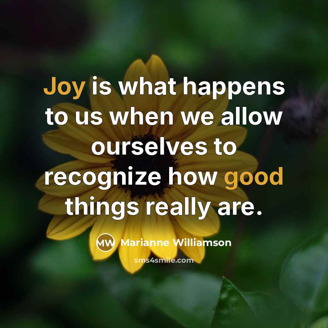 “Joy is what happens to us when we allow ourselves to recognize how good things really are.” quote by Marianne Williamson