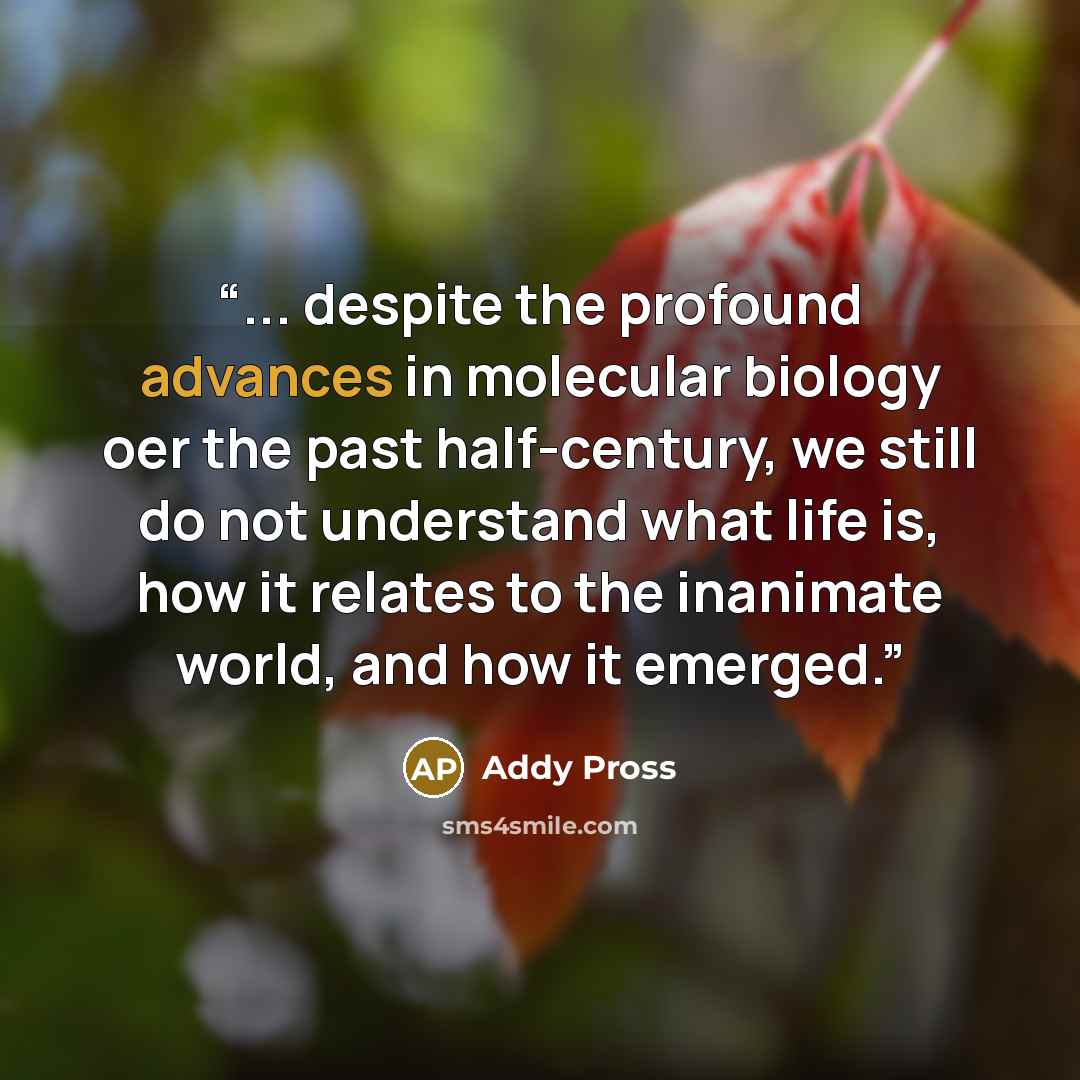 “... despite the profound advances in molecular biology oer the past half-century, we still do not understand what life is, how it relates to the inanimate world, and how it emerged.” quote by Addy Pross