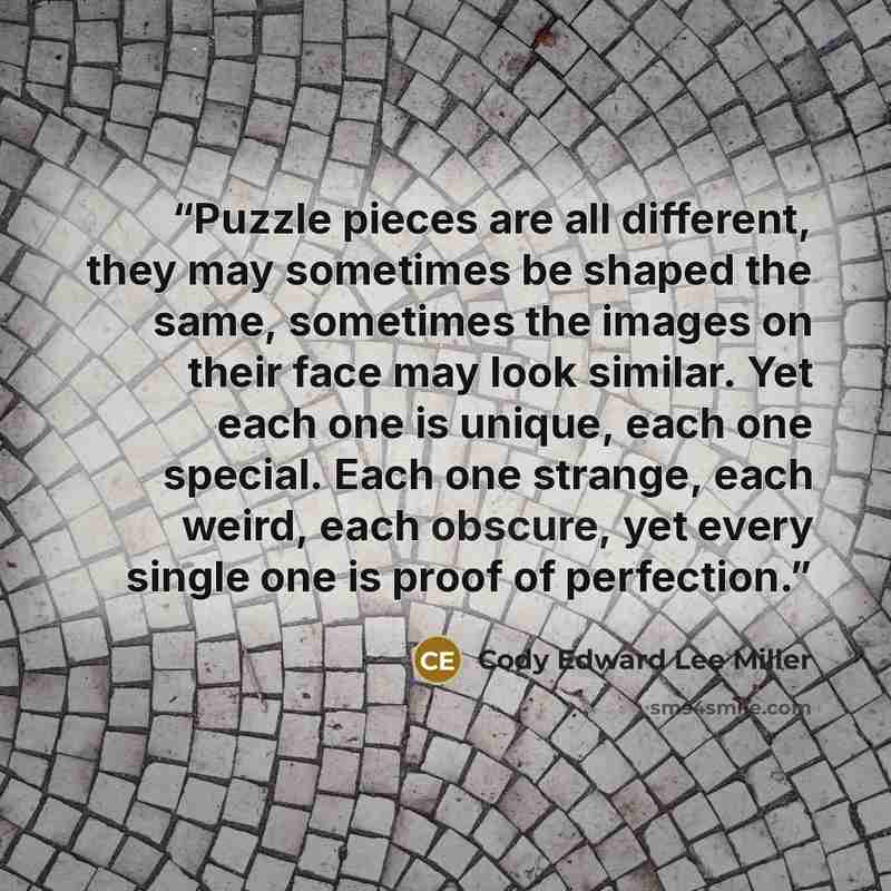 “Puzzle pieces are all different, they may sometimes be shaped the same, sometimes the images on their face may look similar. Yet each one is unique, each one special. Each one strange, each weird, each obscure, yet every single one is proof of perfection.” quote by Cody Edward Lee Miller