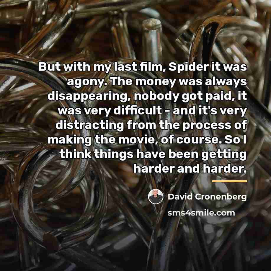 “But with my last film, Spider it was agony. The…” quote by David Cronenberg
