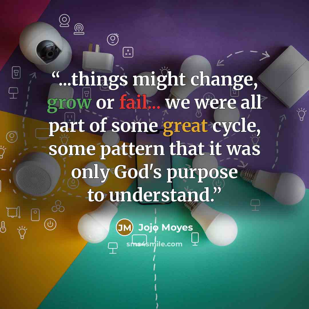“...things might change, grow or fail... we were all part of some great cycle, some pattern that it was only God's purpose to understand.” quote by Jojo Moyes