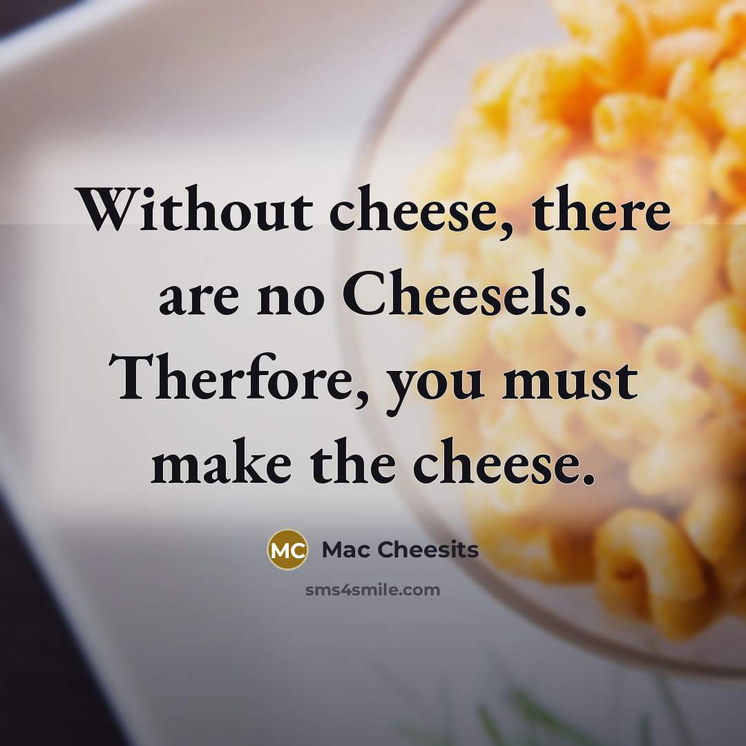 “Without cheese, there are no Cheesels. Therfore, you must make…” quote by Mac Cheesits