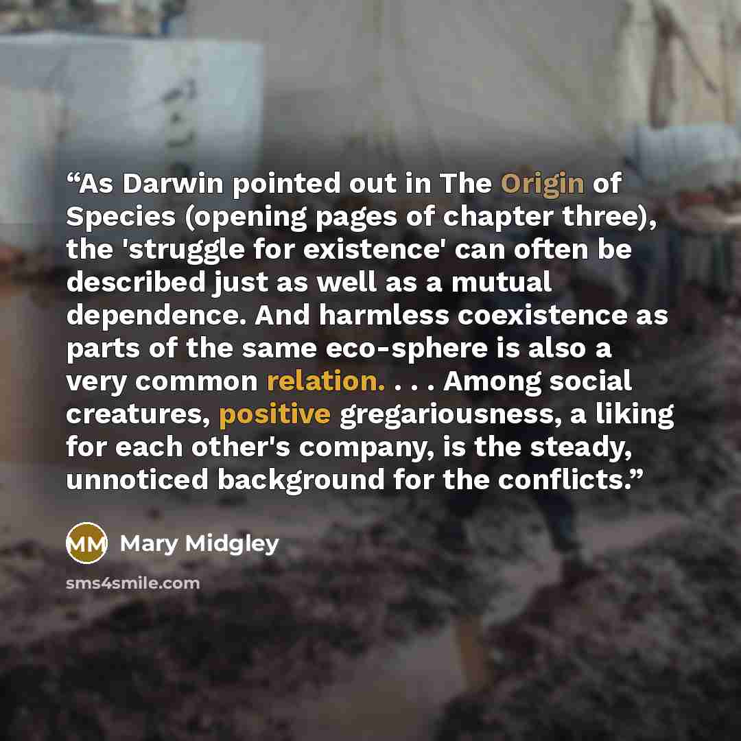 “As Darwin pointed out in The Origin of Species (opening pages of chapter three), the 'struggle for existence' can often be described just as well as a mutual dependence. And harmless coexistence as parts of the same eco-sphere is also a very common relation. . . . Among social creatures, positive…” quote by Mary Midgley