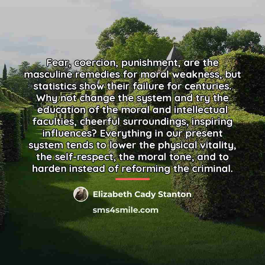 “Fear, coercion, punishment, are the masculine remedies for moral weakness,…” quote by Elizabeth Cady Stanton