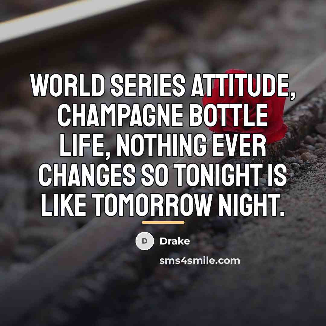 “World series attitude, champagne bottle life, nothing ever changes so…” quote by Drake