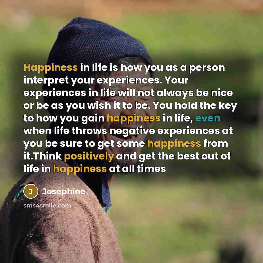 “Happiness in life is how you as a person interpret…” quote by Josephine