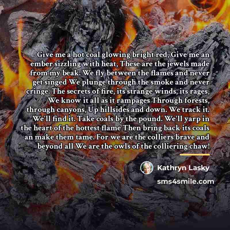 “Give me a hot coal glowing bright red, Give me…” quote by Kathryn Lasky