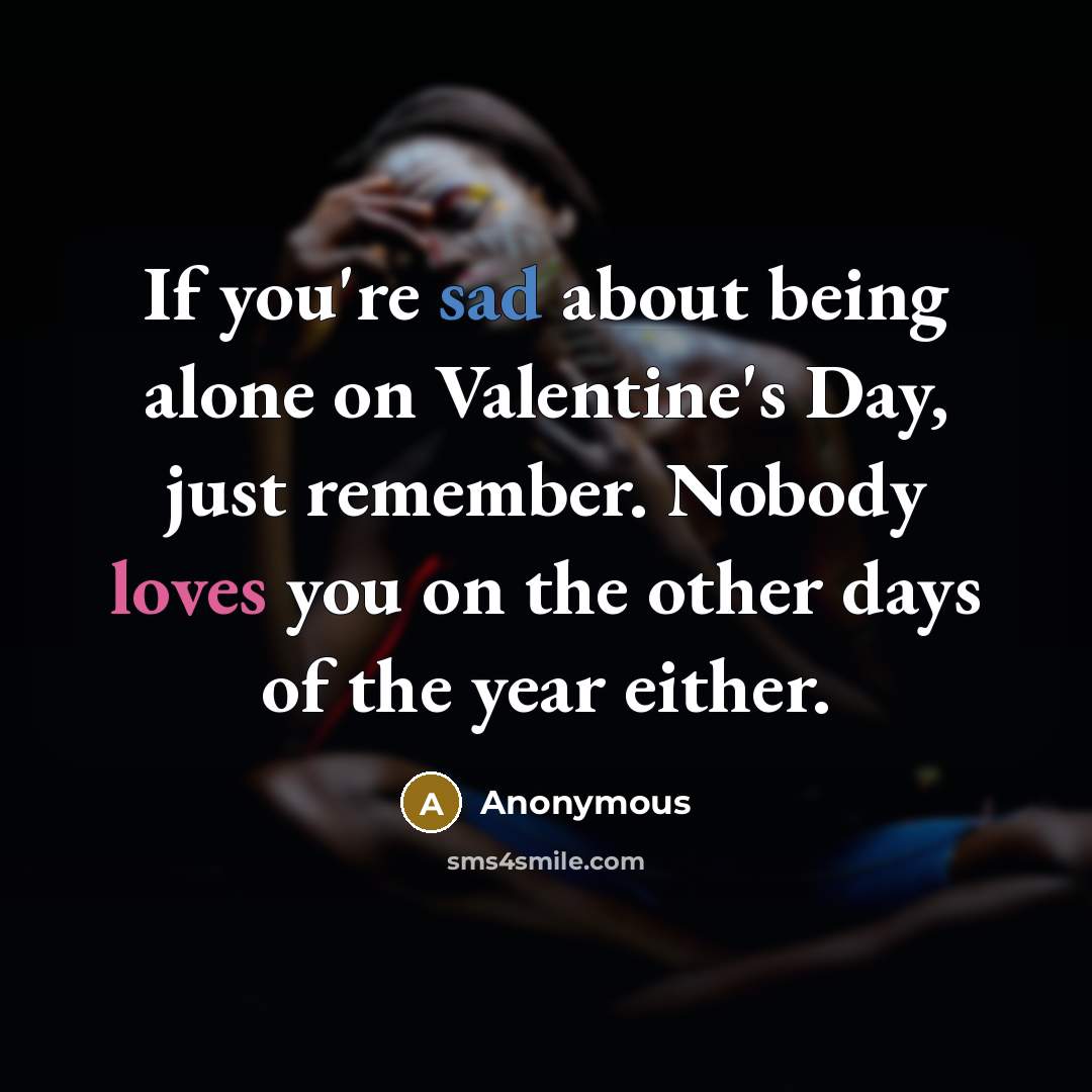 “If you're sad about being alone on Valentine's Day, just remember. Nobody loves you on the other days of the year either.” quote by Anonymous