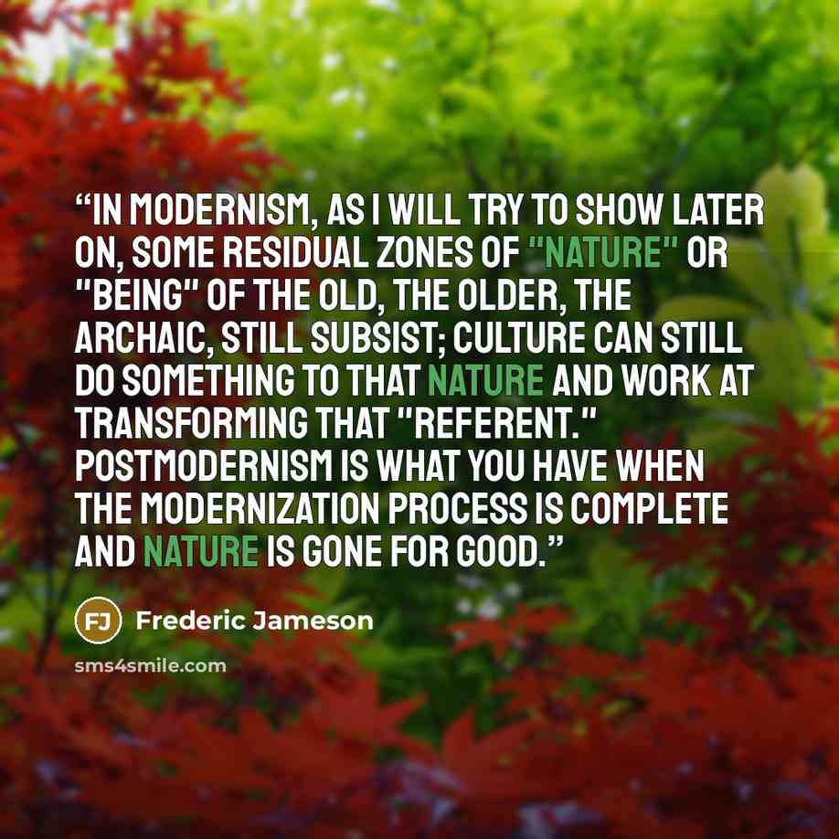 “In modernism, as I will try to show later on, some residual zones of "nature" or "being" of the old, the older, the archaic, still subsist; culture can still do something to that nature and work at transforming that "referent." Postmodernism is what you have when the modernization process is…” quote by Frederic Jameson