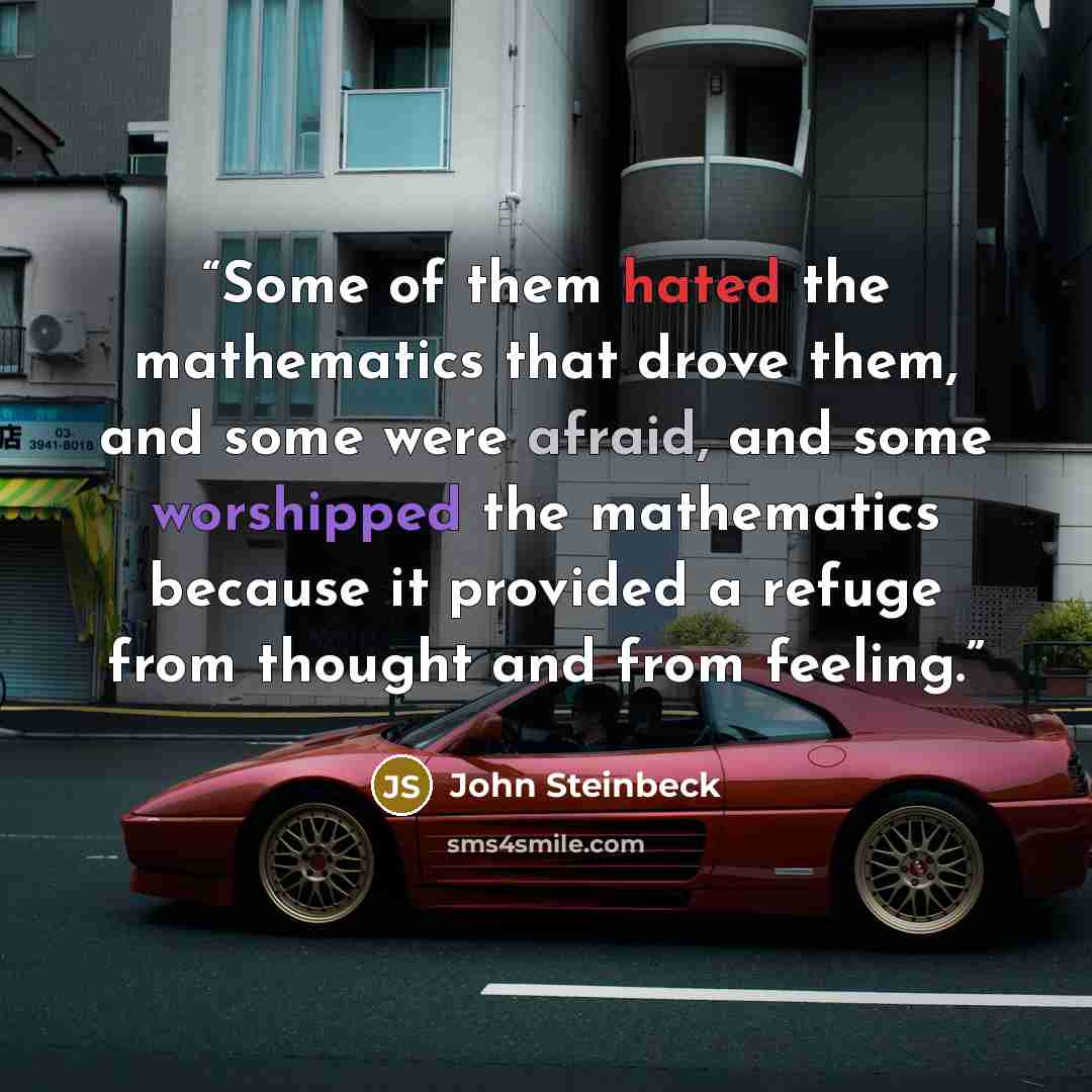 “Some of them hated the mathematics that drove them, and some were afraid, and some worshipped the mathematics because it provided a refuge from thought and from feeling.” quote by John Steinbeck
