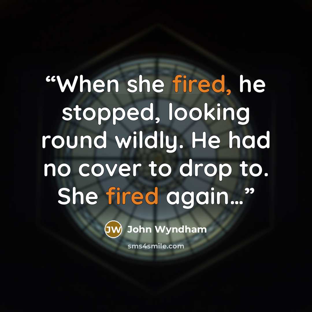 “When she fired, he stopped, looking round wildly. He had no cover to drop to. She fired again…” quote by John Wyndham