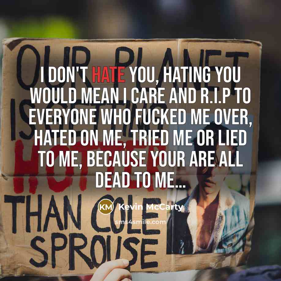“I don't hate you, hating you would mean I care…” quote by Kevin Mccarty