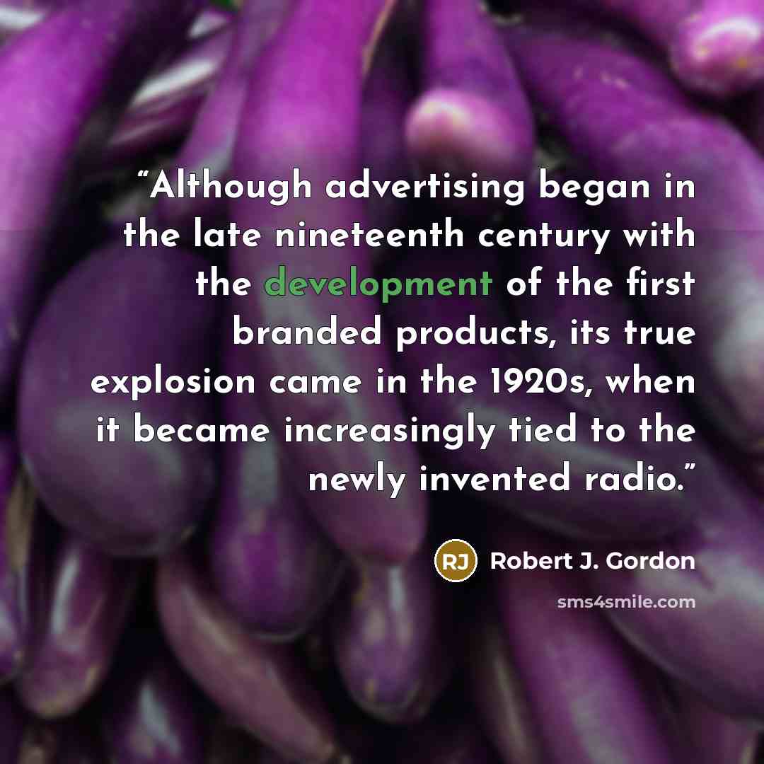 “Although advertising began in the late nineteenth century with the development of the first branded products, its true explosion came in the 1920s, when it became increasingly tied to the newly invented radio.” quote by Robert J. Gordon