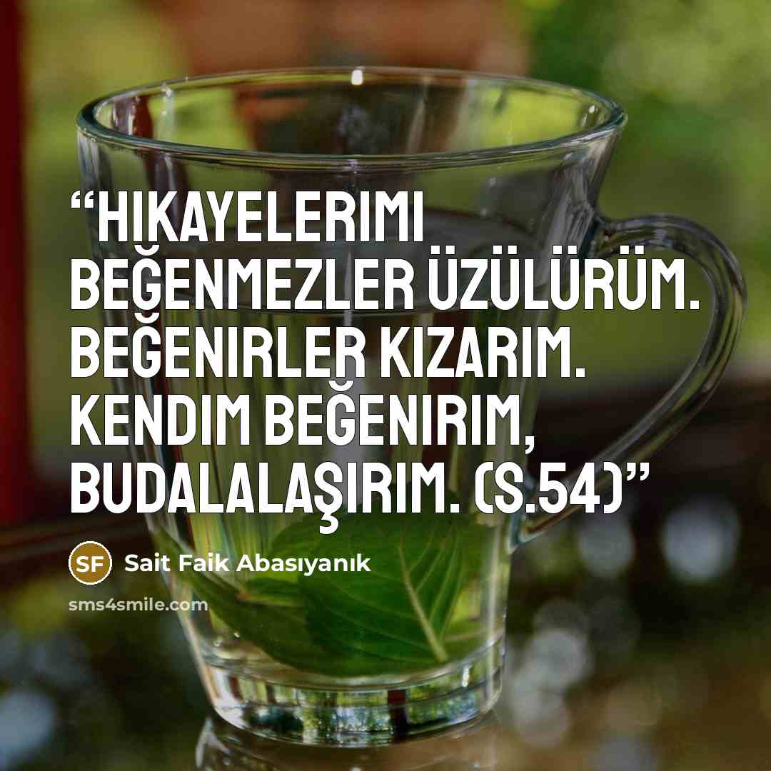 “Hikayelerimi beğenmezler üzülürüm. Beğenirler kızarım. Kendim beğenirim, budalalaşırım. (s.54)” quote by Sait Faik Abasıyanık