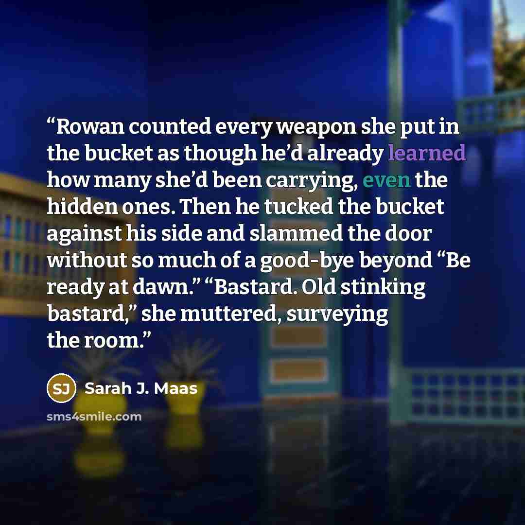 “Rowan counted every weapon she put in the bucket as though he’d already learned how many she’d been carrying, even the hidden ones. Then he tucked the bucket against his side and slammed the door without so much of a good-bye beyond “Be ready at dawn.” “Bastard. Old stinking bastard,” she…” quote by Sarah J. Maas