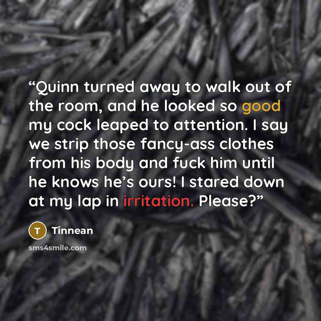 “Quinn turned away to walk out of the room, and he looked so good my cock leaped to attention. I say we strip those fancy-ass clothes from his body and fuck him until he knows he’s ours! I stared down at my lap in irritation. Please?” quote by Tinnean