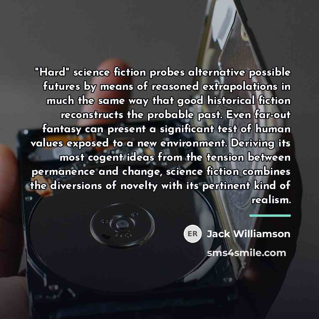 “"Hard" science fiction probes alternative possible futures by means of…” quote by Jack Williamson