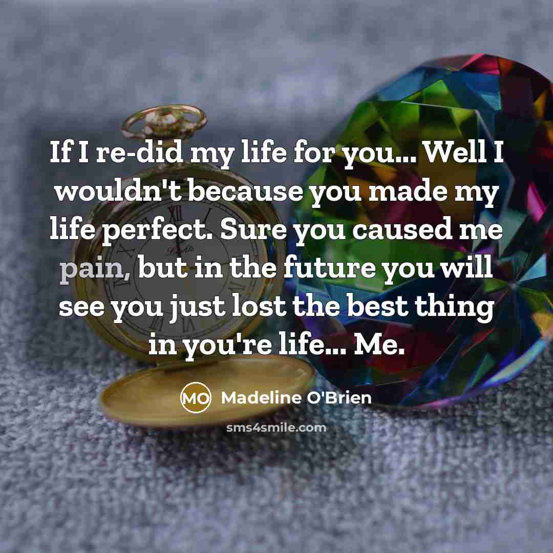 “If I re-did my life for you... Well I wouldn't because you made my life perfect. Sure you caused me pain, but in the future you will see you just lost the best thing in you're life... Me.” quote by Madeline O'Brien